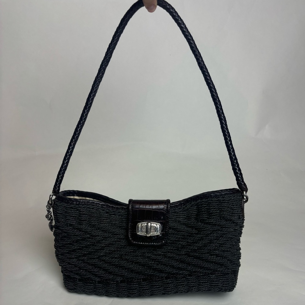 Brighton black/dark gray woven straw bag with silver heart charm